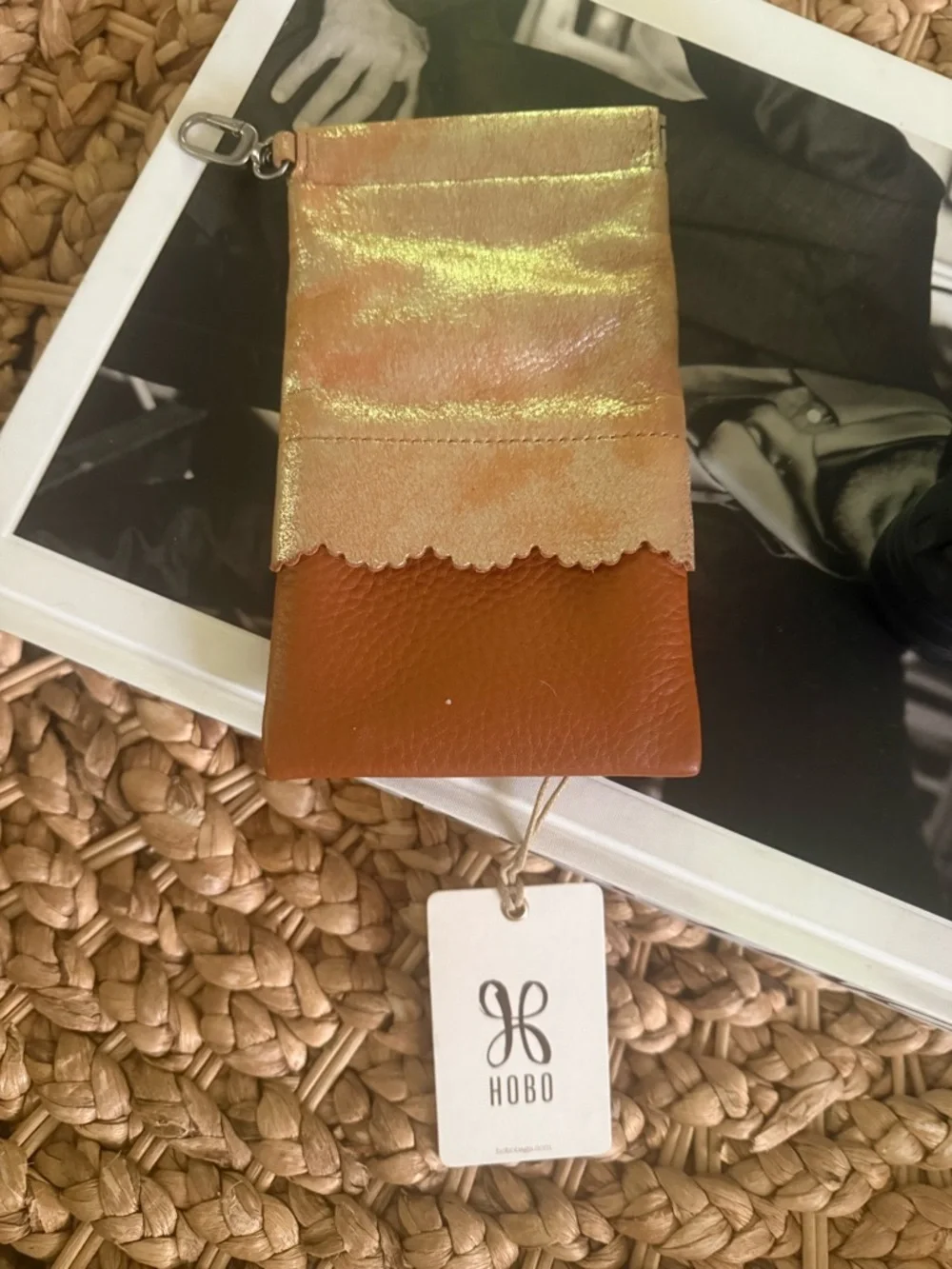 HOBO Iridescent Gold + Tan Leather Zip sunglasses or phone Pouch